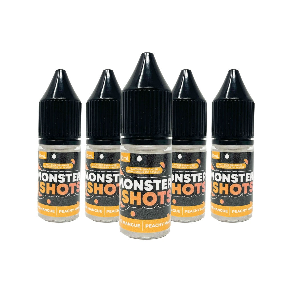 Bouteille compte-gouttes MONSTER SHOTS pêche mangue pour boissons et desserts.