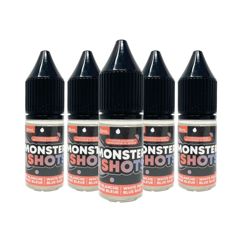 Bouteille compte-gouttes MONSTER SHOTS pêche blanche framboise bleue pour boissons et desserts.