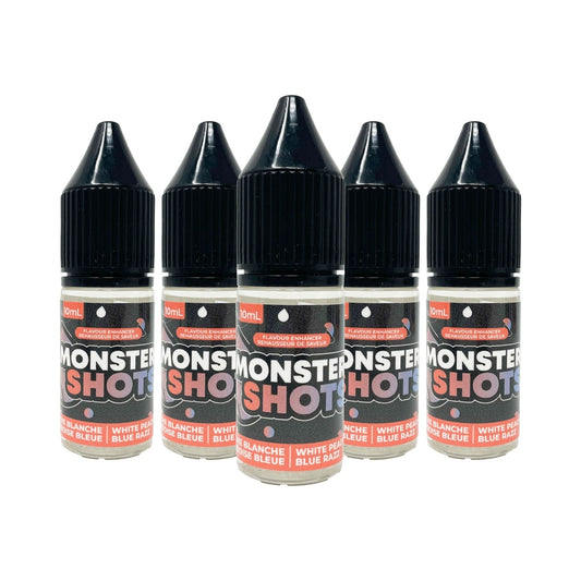 Bouteille compte-gouttes MONSTER SHOTS pêche blanche framboise bleue pour boissons et desserts.