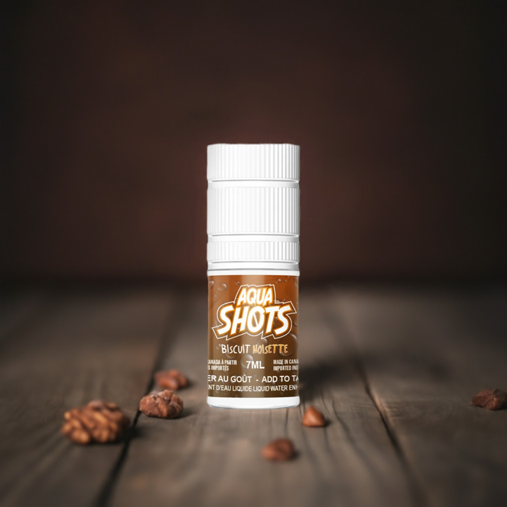 Bouteille compte-gouttes 7 ml AQUA SHOTS - Biscuit noisette, saveur sucrée et onctueuse pour boissons et desserts.