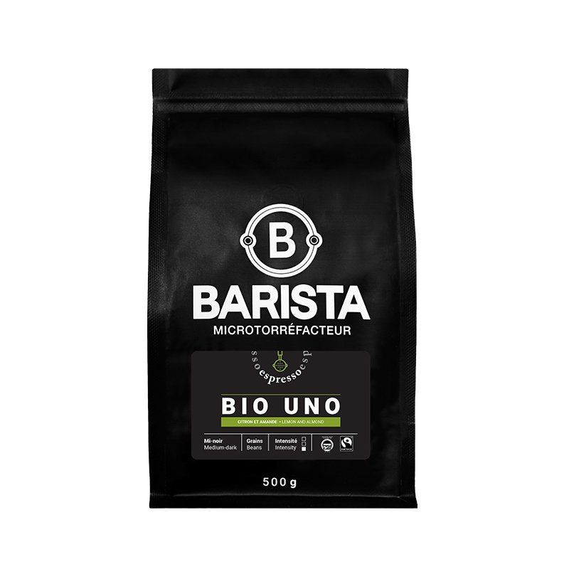 Sac de Bio Uno Espresso Barista, mélange bioéquitable 100 % Arabica du Nicaragua et du Pérou, torréfaction mi-noire avec des notes de citron et d’amandes.