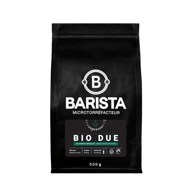 Paquet de café Bio Due Espresso Barista, torréfaction mi-noire du Kenya, notes de cacao et noisettes, mélange biologique et équitable