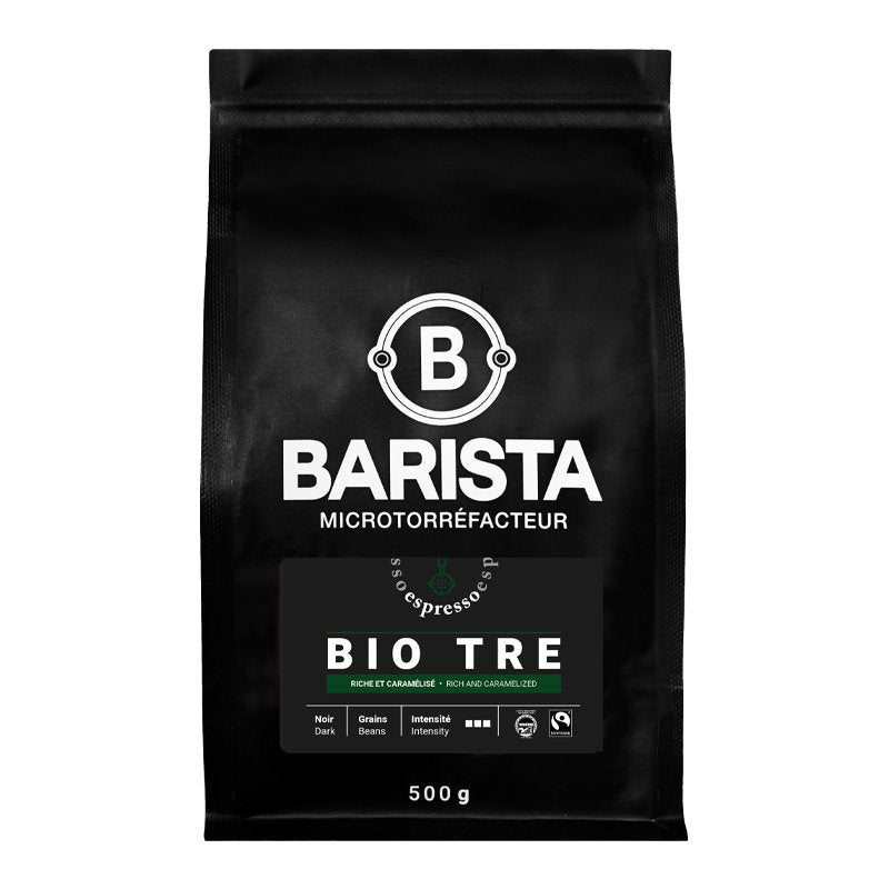 Paquet de Bio Tre Espresso Barista, café biologique et équitable du Pérou, torréfaction foncée avec des notes riches et caramélisées.