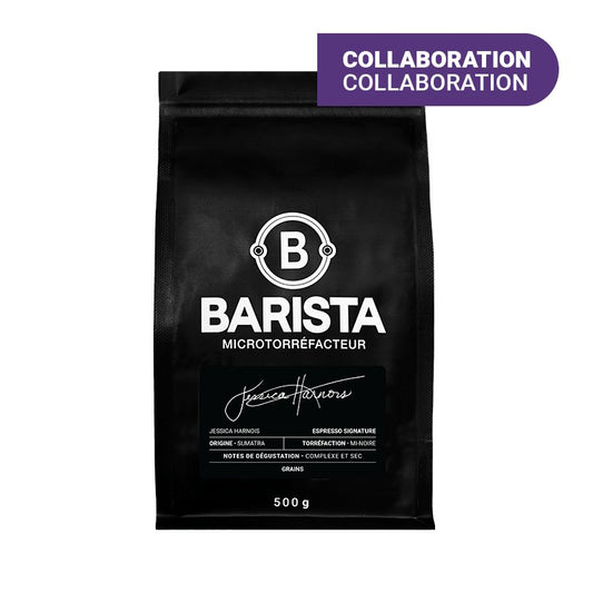 Sac de café Jessica Harnois Espresso de BARISTA, un espresso complexe avec des notes fruitées et boisées, conçu avec la sommelière Jessica Harnois.