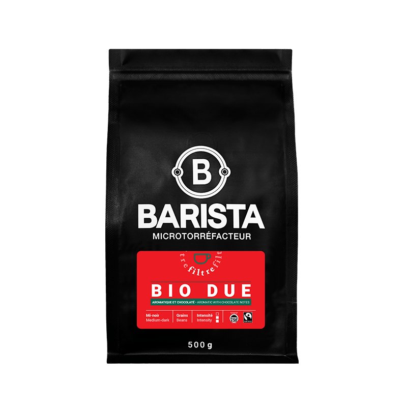 Paquet de Bio Due Filtre Barista, café biologique et équitable d’Éthiopie, torréfaction mi-noire, arômes de cacao, pain de seigle et miel.