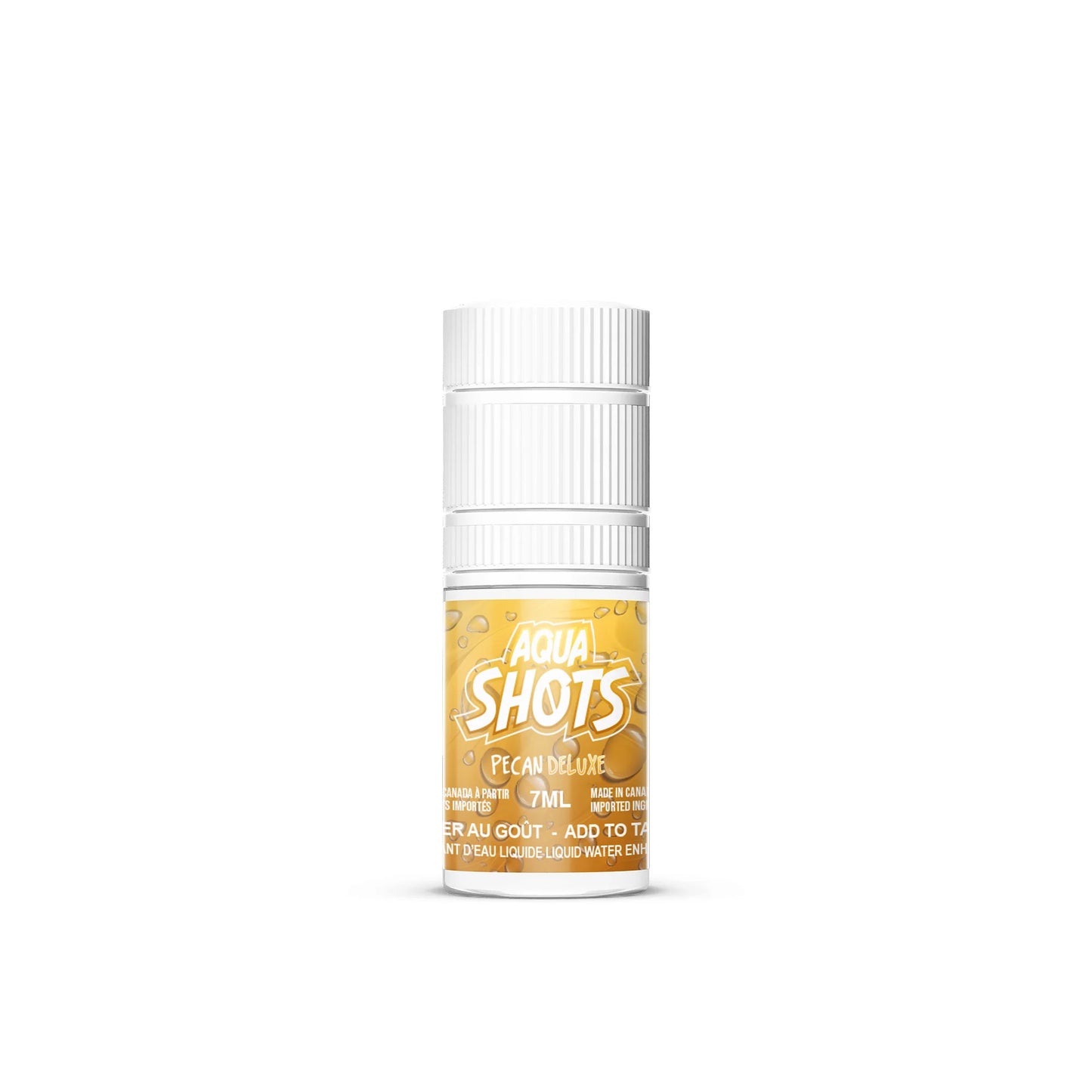 Bouteille compte-gouttes 7ml AQUA SHOTS Pacane Deluxe, saveur riche et gourmande pour boissons et desserts.